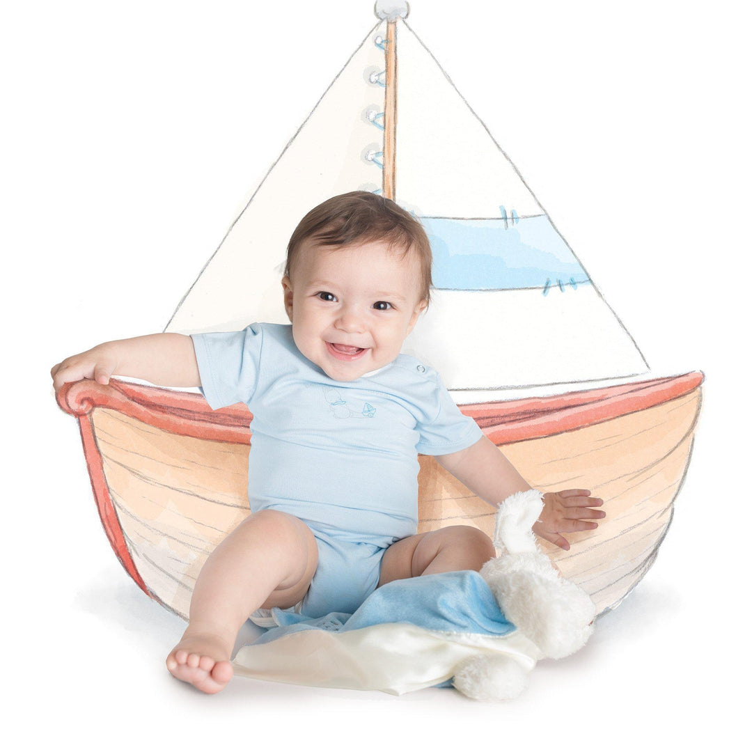 Powder Blue Baby Onesie with Bud Bunny Sailboat Design