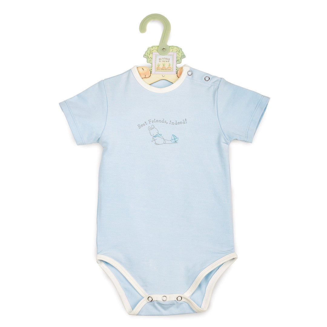 Powder Blue Baby Onesie with Bud Bunny Sailboat Design