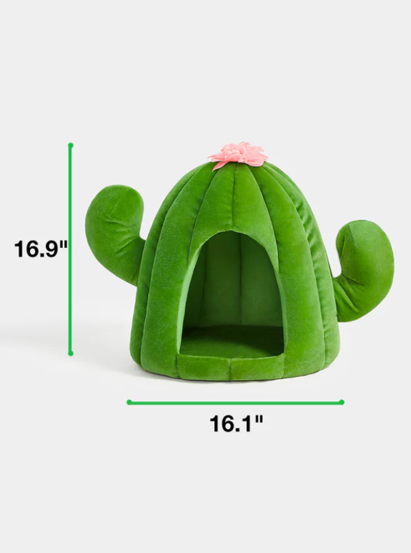 Cactus Pet Bed – Plush Polyester Cave, 16.1×16.1×16.9 in (Green/Pink)