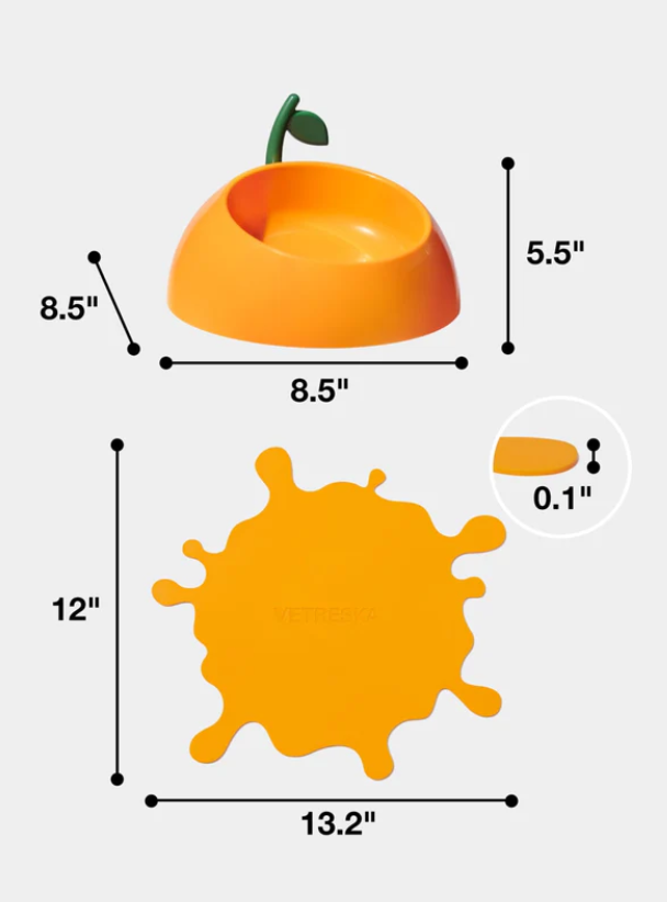 Pet Bowl + Spoon + Mat Set – Angled ABS Bowl, Non-Slip Silicone Mat, 8.5 in, Orange/Green