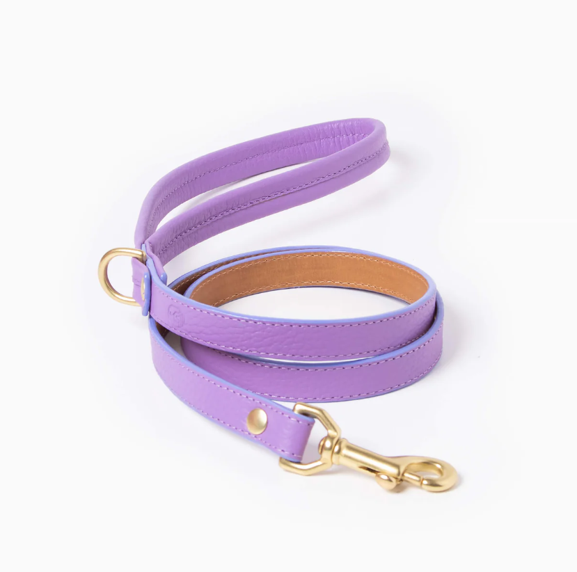 Lilac Leather Dog Leash – Brass Hardware, D-Ring Handle, 100 cm (1.5–3 cm widths)