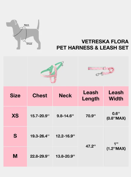 Set van harnas en riem voor huisdieren – Flora Print, lichtgewicht, XS–M