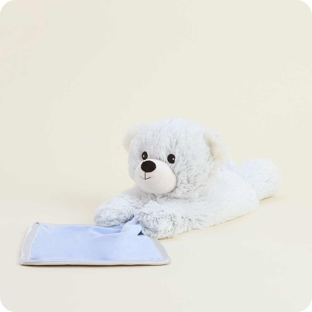 Marshmallow Bear Blankie – Heatable Plush with Attached Satin Blanket