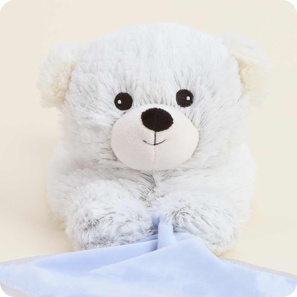 Marshmallow Bear Blankie – Heatable Plush with Attached Satin Blanket
