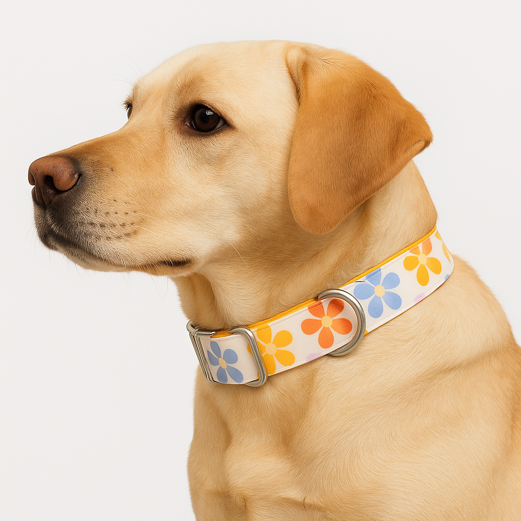 Dog Collar – Retro Daisy Print, Cotton/Nylon Webbing, 1 in, S–L