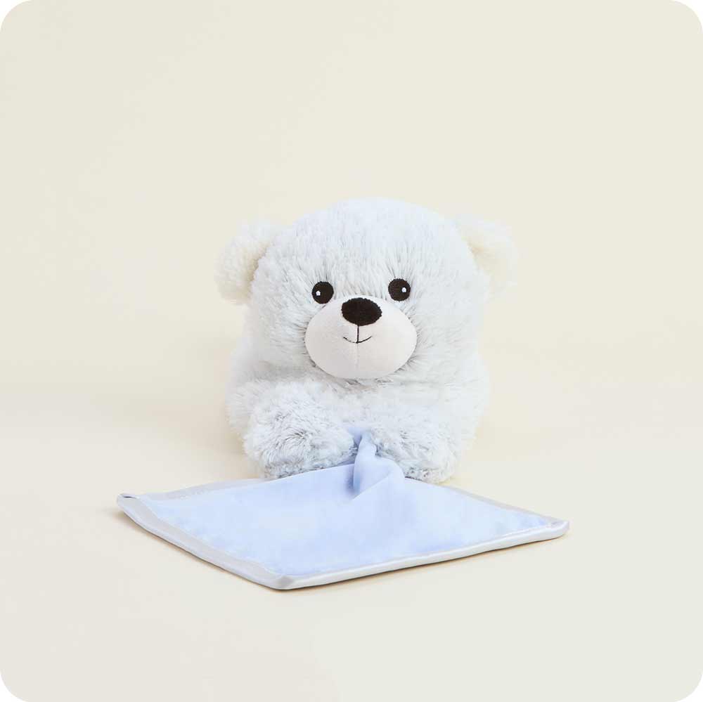 Marshmallow Bear Blankie – Heatable Plush with Attached Satin Blanket