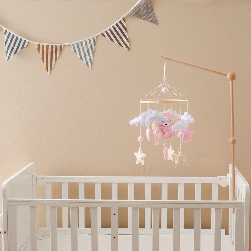 Baby Wooden Moon Bear Crib Mobile – Natural Wood Hanging Nursery Decor
