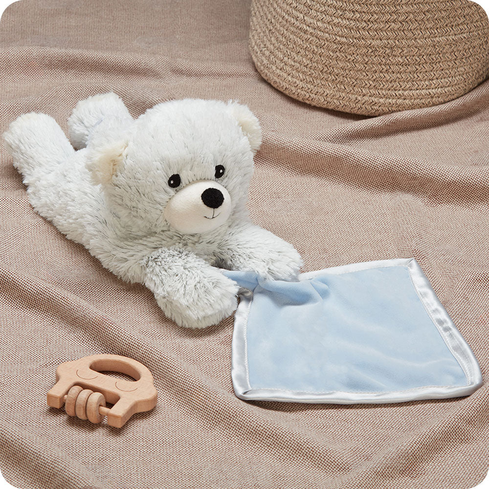 Marshmallow Bear Blankie – Heatable Plush with Attached Satin Blanket