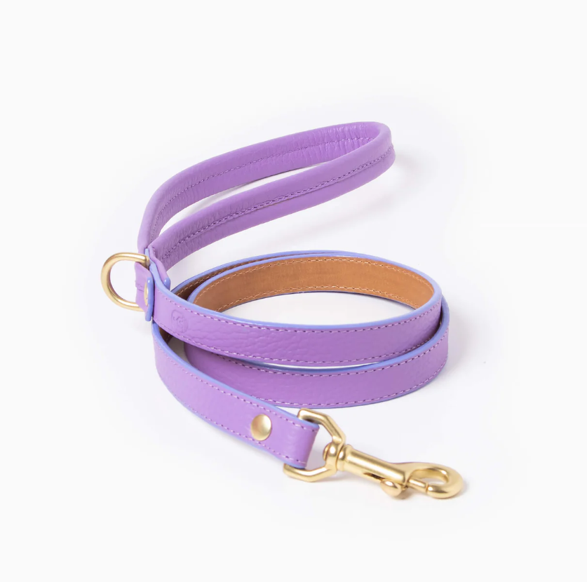 Lilac Leather Dog Leash – Brass Hardware, D-Ring Handle, 100 cm (1.5–3 cm widths)