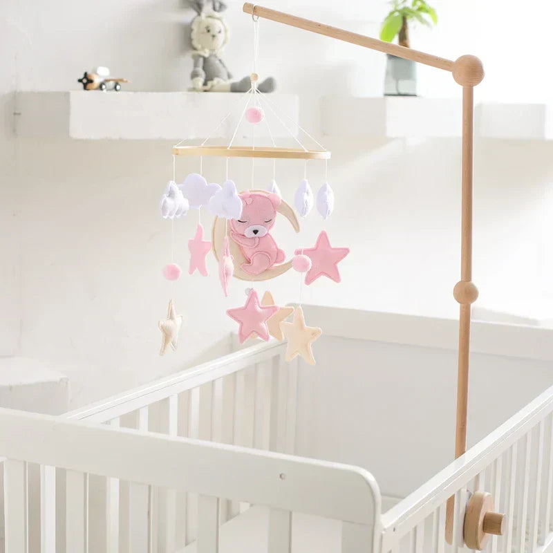 Baby Wooden Moon Bear Crib Mobile – Natural Wood Hanging Nursery Decor