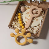 Newborn Baby 4pc Silicone Hand Teether Wooden Bear Rattle Gift Set