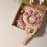 Newborn Baby 4pc Silicone Hand Teether Wooden Bear Rattle Gift Set