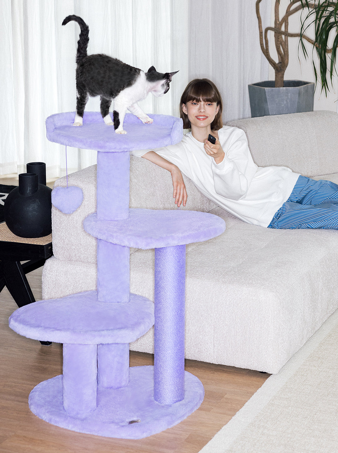 Cat Climber Tower – Four Platforms, Jute & Polyester, 40 in, Purple