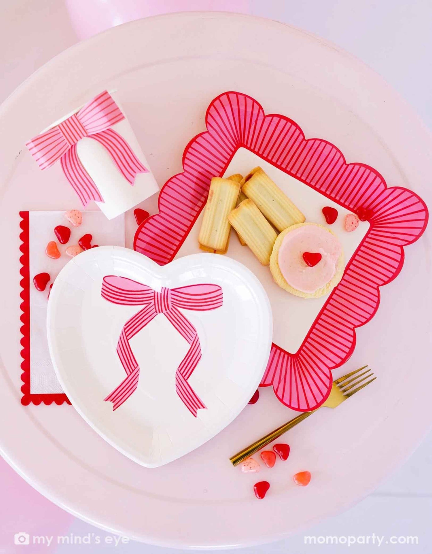 Valentine Bow Paper Cups – 12 oz Party Set of 8 with Paper Bows - Waydiy